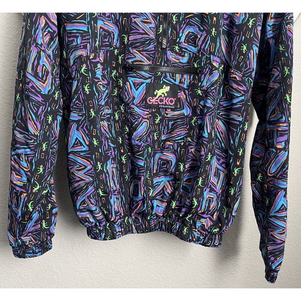 Vintage Gecko Hawaii size S Pullover Windbreaker Jacket Black/Multicolor - Picture 3 of 10